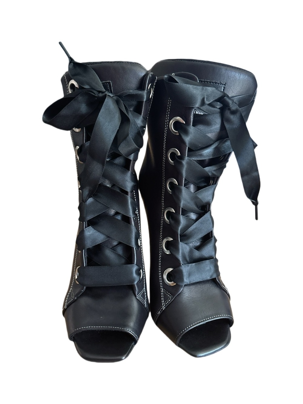 CRISTIANZEROTRE Rush Black Open Leather Lace-Up Peep Toe Stiletto Boots 7.5/8